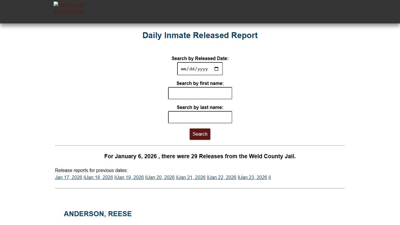 Weld County: Sheriff's Office Inmate Released Report