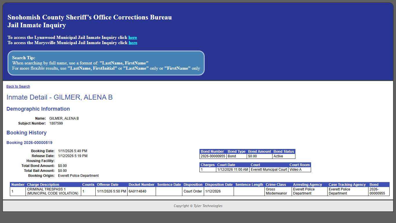 Inmate Detail - GILMER, ALENA B